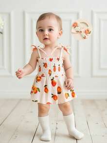 Newborn Baby Girl Sleeveless Rompers Dress Summer Smocked Clothes Cotton Bodysuit With Headband 0-18 Months - 米色 - 查看 11