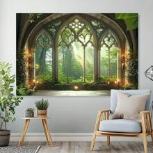 1 Decoración de fondo de fotografía de fibra de poliéster con ventana de catedral gótica en el bosque gótico, gran bandera de decoración de pared para estudio de fotografía, boda, cumpleaños, aniversario, hogar de las cuatro estaciones y decoración de evento del jardín