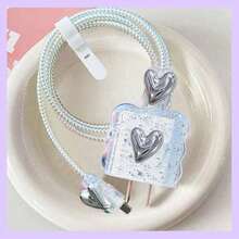 5 件套钢珠蝴蝶结/蝴蝶/花朵/心形线缆保护器，18-20W 兼容 苹果充电器手机数据线防摔保护壳 - 銀色 - 查看 7