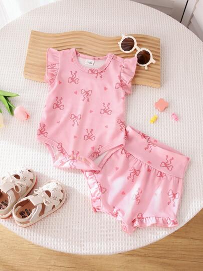 2 件套女童装，夏季休闲甜美粉色蝴蝶结印花露肩盖袖连体衣搭配高腰内裤，柔软透气面料适合女婴日常外出