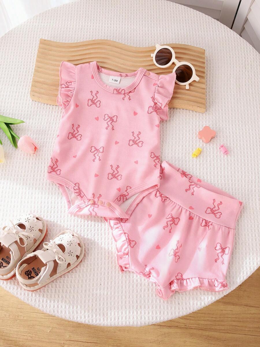 2 件套女童装，夏季休闲甜美粉色蝴蝶结印花露肩盖袖连体衣搭配高腰内裤，柔软透气面料适合女婴日常外出 - 粉色 - 查看 1
