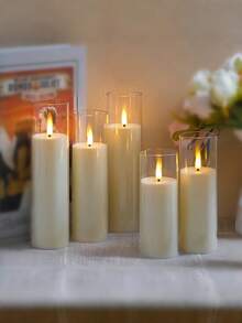 5pcs Acrylic Flameless Flickering Candles With Remote Control Timer, Battery Operated LED Candles 2.2" X 5", 5", 6", 7", 8" Plastic Pillar Candles, Suitable For Wedding, Living Room, Bathroom, Wedding, Holiday, Party, Farmhouse, Bedroom (Long-Lasting , Ivory Color) - White - View 6