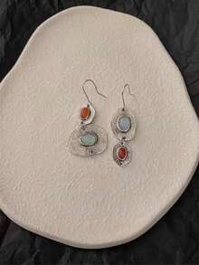1 par de pendientes plateados creativos con ágata turquesa y coral artificial de estilo retro asimétrico para mujeres - Multicolor - Ver 3