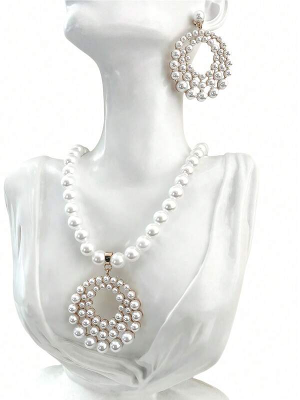 1 Set Pearl Earrings Necklace Jewelry Set For Women, Alloy With Pearl Decor, Bridal Wedding Jewelry Set, Gift For Girlfriend, Mother, Sister, Festival, Party Wear