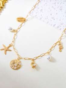 1pc Beach Style Pearl Shell Starfish Conch Pendant Necklace, Suitable For Women's Daily Accessories, Vacation, Date, Gifts