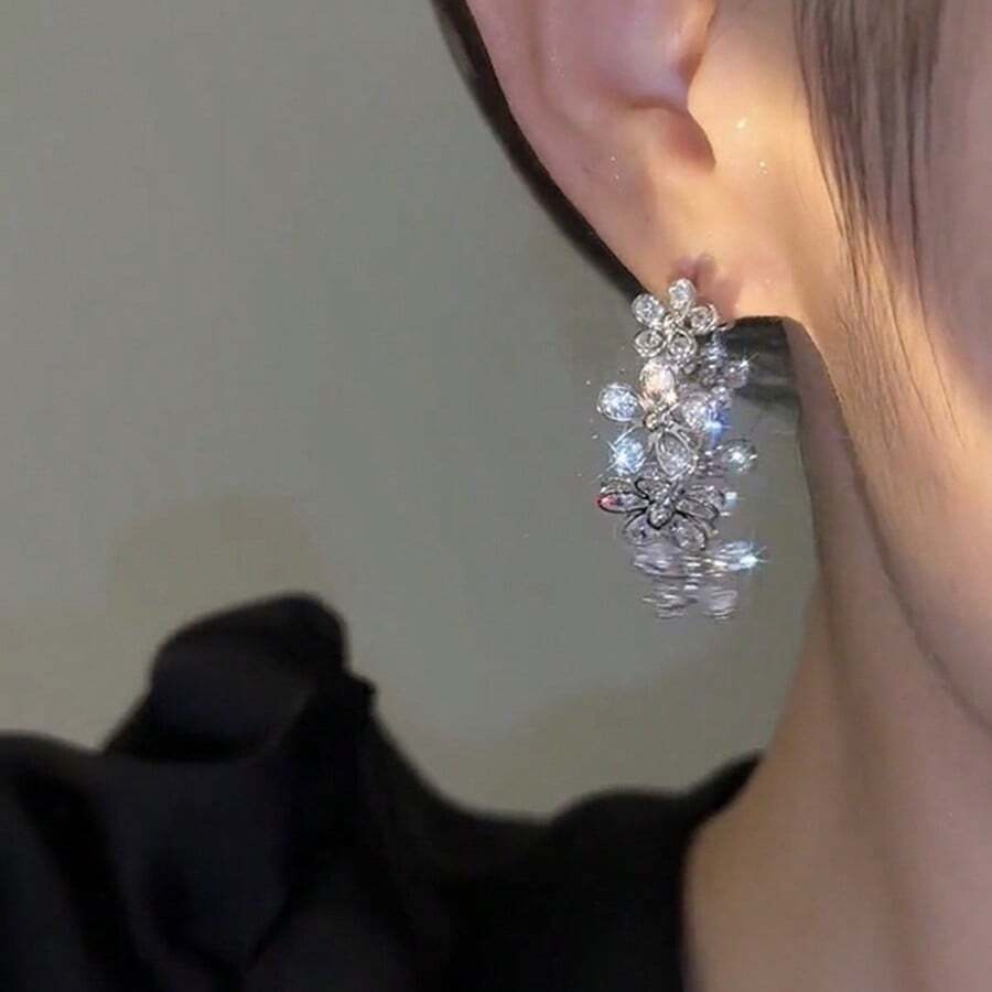 1 Pair Floral Earrings, Fashionable Hoop Earrings With Zirconia Flower, Front And Back Wear, Elegant And Versatile Earrings