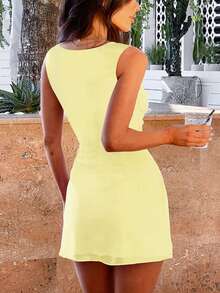 欧美风女装夏季新款亮黄色时尚方领性感短款连衣裙修身廓形不对称设计女士连衣裙