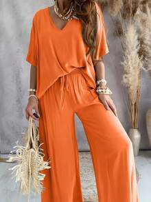 Women's Spring/Summer Clothing Solid Color V-Neck Bat Sleeve Casual Simple Loose Wide Leg Pants Set - 橘色 - 查看 2
