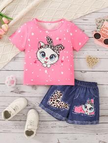 2 bucăți ținută de vară cu imprimeu leopard pentru fete - Set tricou și pantaloni scurți cu fundal și pisicuță, îmbrăcăminte casual pentru copii mici - Roz fierbinte - Vizualizare 3