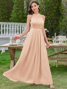 MIUSOL Backless Lace Ruffle Chiffon Formal Party Maxi Dress - Champagne - View 2