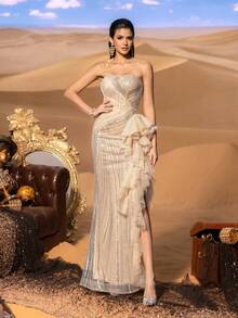 Faeriesty 优雅无肩带晚礼服，后背系带设计，不对称荷叶边下摆——水晶点缀的美人鱼尾裙，高开衩细节，适合盛大晚宴、奢华婚礼、正式颁奖典礼、红毯活动和高端慈善晚宴等场合。 - 香檳色 - 查看 5