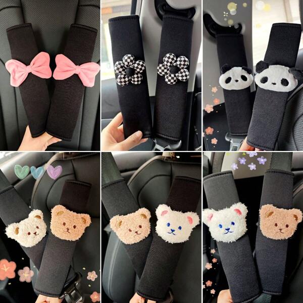 1/2pcs Exquisite And Cute Black Ice Silk Shoulder Pads, Paired With Pandas, Small Flowers, Bears, Bows, And Car Seat Belt Protective Covers, Anti Pinch Decorative Accessories,Seat Belt Protective Cover