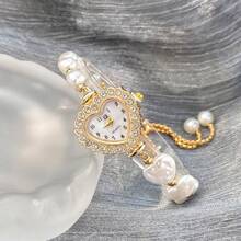 1 pièce Montre à quartz mode mignonne pour femmes avec boîtier en alliage décoré de perles en forme de cœur bicolore et cadran chiffres arabes