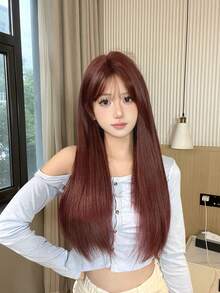 1 Piece Of Wine Red Synthetic Heat-Resistant Straight Hair, 22 Inches Long, Made Of Fiber, Suitable For Daily Use, Natural And Realistic Wig. - Burgundy - View 6