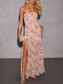Women Y2K Floral Long Tube Dress Strapless Sheer Mesh Slit Dress Off Shoulder Ruffle Flowy Beach Dresses - 彩色 - 查看 1