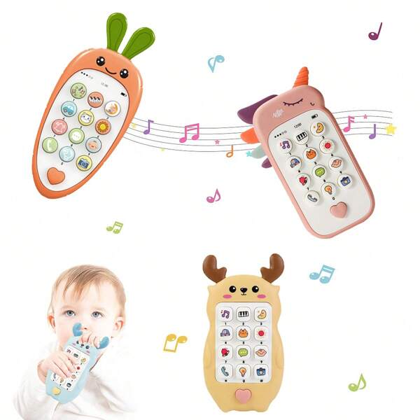Téléphone de dentition pour bébé de style dessin animé - Jouet à mâcher en silicone souple avec multi-musique, développement sensoriel musical pour les +18 mois, jouet de téléphone intelligent interactif pour bébé