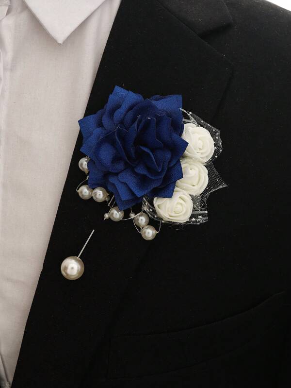 1 pièce Broche unisexe magnifique en forme de tournesol bleu marine avec une mini-rose en mousse, accessoire de style nature élégant pour le marié, la mariée, le mariage, la fête, le banquet, le bal