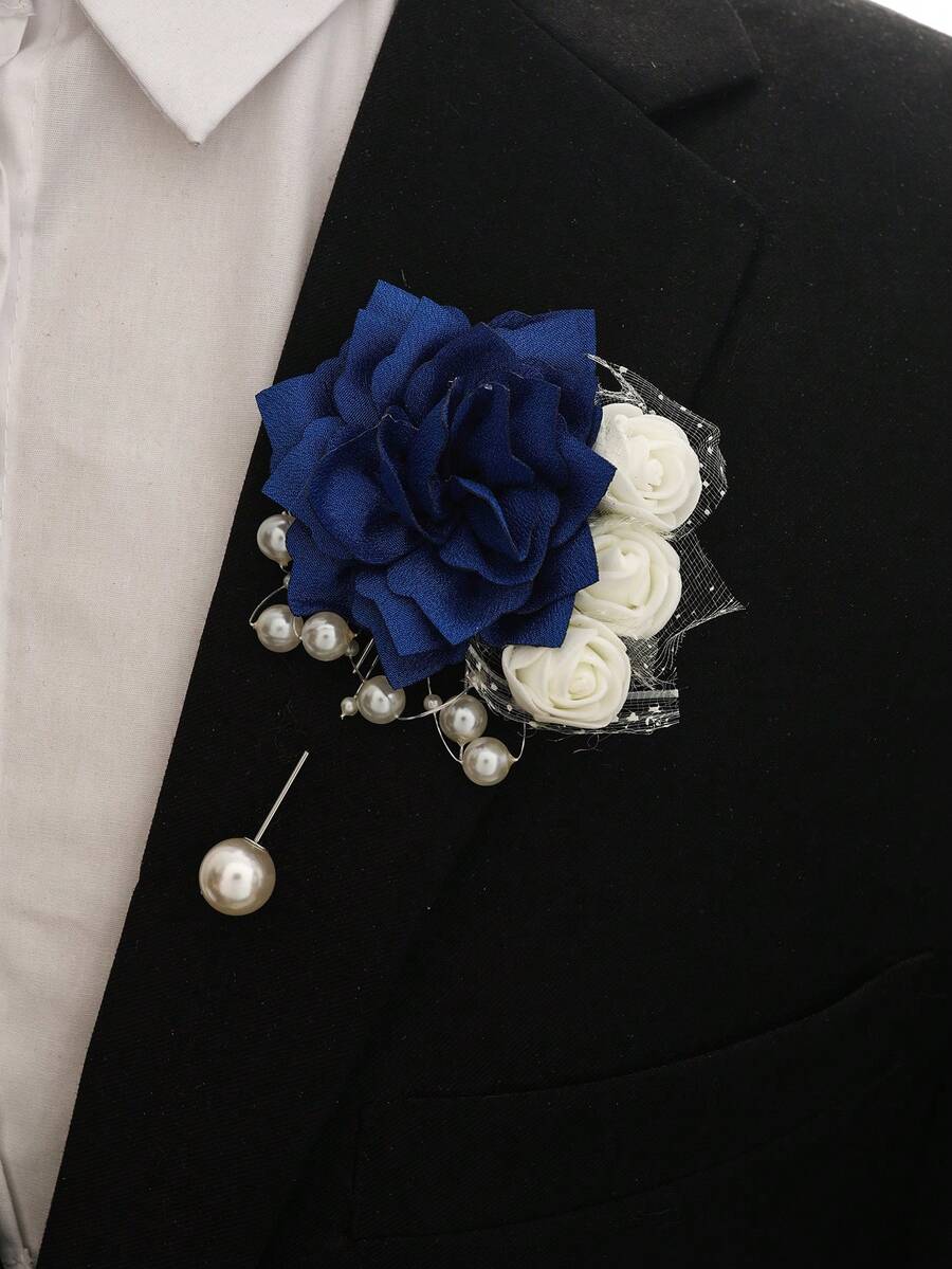 1pc Unisex Gorgeous Navy Blue Sunflower With Foam Mini Rose Brooch, Elegant Nature Style Accessory For Groom, Bride, Wedding, Party, Banquet, Prom Valentine's Day Accessories - Navy Blue - View 1