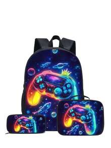 3件套游戏主题背包套装（黑色/荧光色/彩色），包含手提包、铅笔盒和收纳袋 - 耐用涤纶材质，轻便时尚，混色设计 - 彩色 - 查看 15