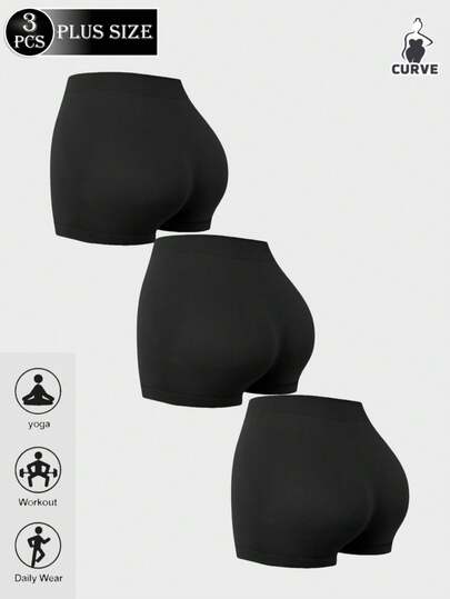 3pcs Plus Size Women Solid Color Casual Fitted Yoga Sports Shorts, Seamless Soft Comfortable, Suitable For Running, Daily Wear, Workout Underwear Black Summer