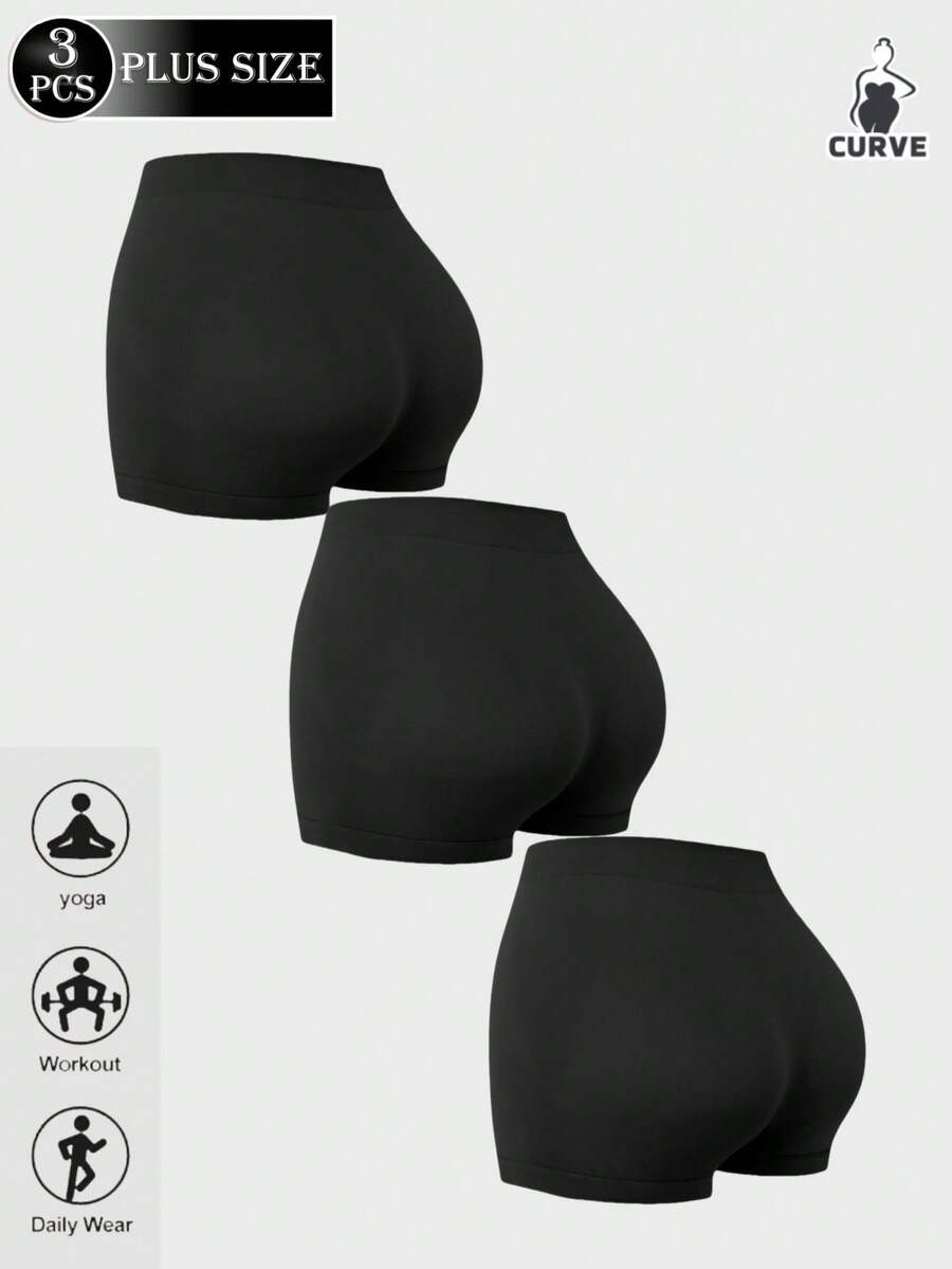 3条装加大码女式纯色休闲修身瑜伽运动短裤，无缝柔软舒适，适合跑步、日常穿着、运动内衣，黑色夏季款 - 黑色 - 查看 1