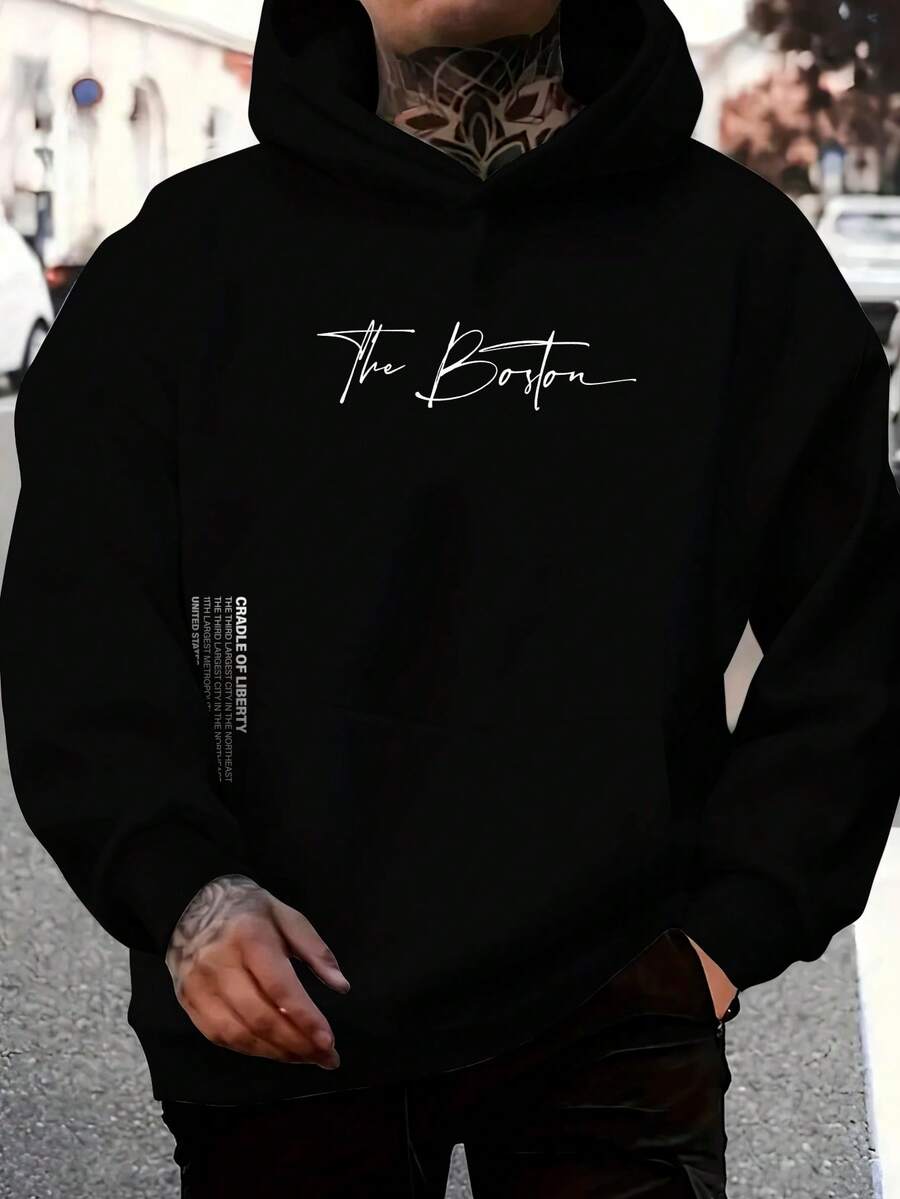 The Boston Men's Cotton Unisex Flannel Kangaroo Sweatshirt - 黑色 - 查看 1