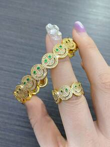 2pcs Set Luxury Elegant Smiling Face Bangle And Ring Set, Fashion Minimalist Copper Alloy Cubic Zirconia Jewelry Set, Valentine's Jewelry Gift