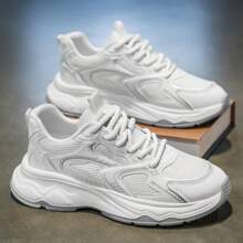 Men's 2025 New Arrival White Chunky Sneakers, Breathable Mesh Upper Low-Top Lace-Up Casual Sporty Shoes, Soft Sole Non-Slip Outdoor Running Shoes, Suitable For Workout, Commuting