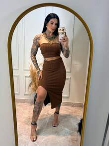 3 Piece Set, Top And Ruffled Skirt, Super New!!!!!! - 鏽棕色 - 查看 2