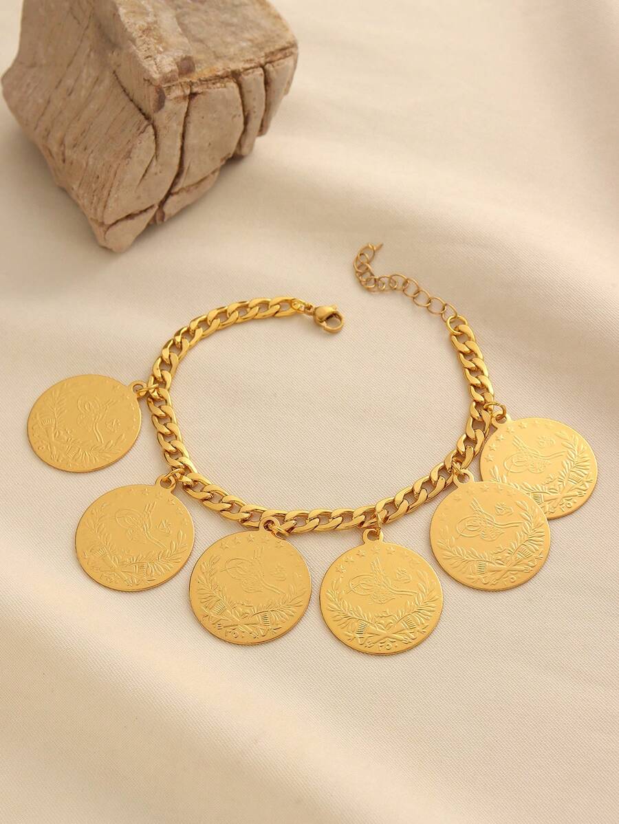 1pc Vintage Copper Alloy Plated 6pcs Coin Tassel Thick Bracelet, Suitable For Women's Daily Wear, Holiday Gift
