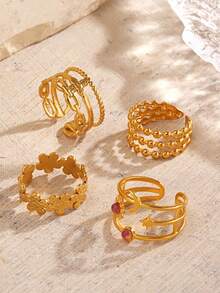 4 件套不锈钢 18K 镀金星星、向日葵花朵开口戒指，适合女性日常佩戴 - 彩色 - 查看 6