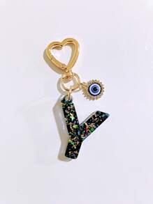 1pc Laser Black Shiny Resin A-Z Initial Keychain, With Devil Eye And Heart Keyring Bag Charm Pendant, Party Favor, Suitable For Holiday Gifts To Friends