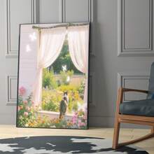 1 Pc Canvas Painting,Framed Picture, Cat, Window, Curtains, Flowers, Garden, Butterflies ,Wood Framed Painting (1) Thickness 2.5 Cm/ 1 Inch-Home Decoration For All Occasions,Ideal New Year, Valentine's Day,Thanksgiving,Easter,Christmas Gift,Room Decoration Aesthetic,Wall Decoration Art,Perfect Gift,Autumn And Winter Wall Decoration,Living Room Decoration, Bedroom Decoration, Kitchen Decoration, Entry Decoration, Bathroom Decoration, Direct Wall Painting, High Quality Wall Painting Poster,Modern Home Decoration Stretched And Framed Ready To Hang