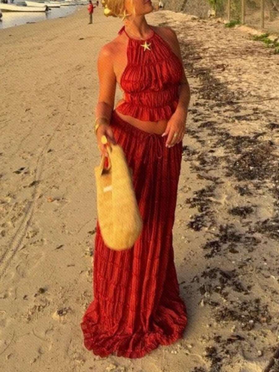 Women Y2k Two Piece Maxi Skirt Sets Beach Vacation Outfit Boho Sleeveless Ruched Halter Crop Cami Tops Backless Tank Tops And Long Swing Skirt Pleated Retro Tulle Chiffon Flowy Skirt Going Out Set 2 Piece Outfits Summer Holiday Party Outfit - 紅色 - 查看 1