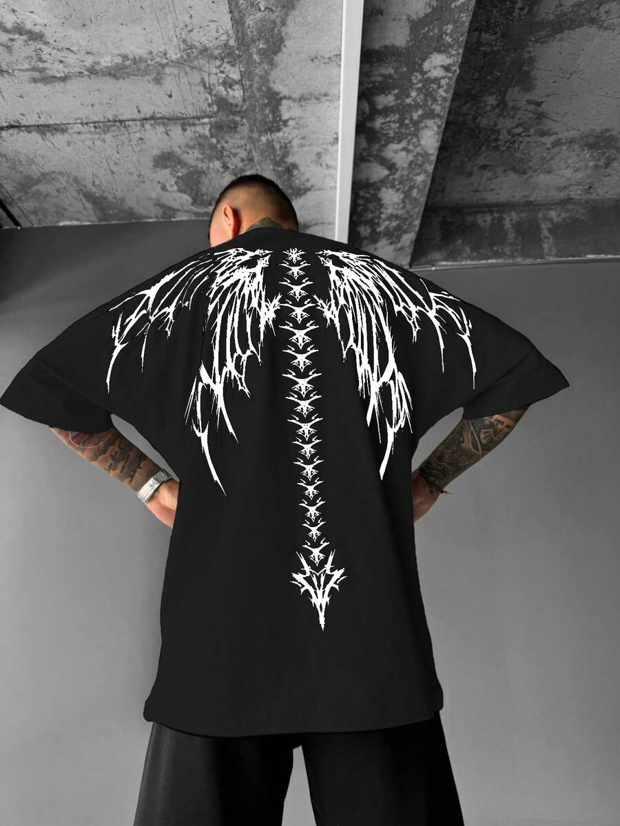 Men's Colorblock Printed Crew Neck Short Sleeve T-Shirt, Suitable For Summer - 黑與白 - 查看 1