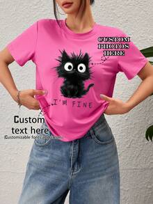Customized Women's T-Shirt - Can Add Text And Photos (Landscape/Badge/Couple/Family/Selfie/Pet), Customizable Font And Color, Suitable For Summer Travel, Gift For Girlfriend, Women's T-Shirt ,For Family, Gift For Wife - Hot Pink - View 2