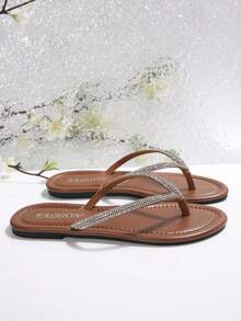 Dép đế bằng hở mũi và gót kim cương thoải mái cho nữ, Dép quai chữ T giả da lộn mùa hè quyến rũ, mềm mại, cỡ lớn, màu nâu, dép xỏ ngón mùa hè gợi cảm cho nữ - màu nâu - Xem 5