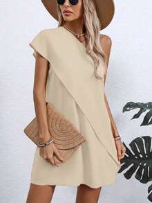 Women Lightweight Polyester Asymmetric Off-Shoulder Dress - Slim Fit Casual Style - Apricot - View 3