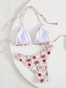 女士热带印花细肩带比基尼两件套，适合海岛度假和摄影 - 彩色 - 查看 2