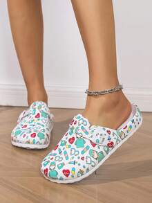 女士时尚护士鞋，卡通医生印花EVA平底拖鞋，一脚蹬工作鞋，医生/护士实验室防护趾鞋，防滑耐磨