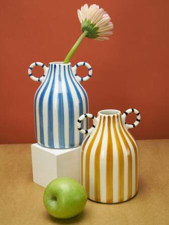 Joivida 1 pièce Fleurware peint à la main simple, vase en céramique niché à rayures à deux oreilles peint à la main, décoration d'arrangement floral de table de gîte, décoration, décoration intérieure, décoration de cuisine, décoration de mariage, décoration de table, centres de table, décoration de bureau, décoration de jardin, décoration extérieure