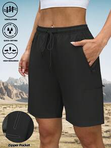 Women's Outdoor Multi-Pocket Cargo Loose Casual Bermuda Shorts, Elastic Waist Drawstring Sports Shorts For Running, Exercise, Black