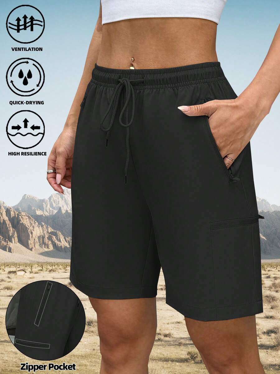 Women's Outdoor Multi-Pocket Cargo Loose Casual Bermuda Shorts, Elastic Waist Drawstring Sports Shorts For Running, Exercise, Black