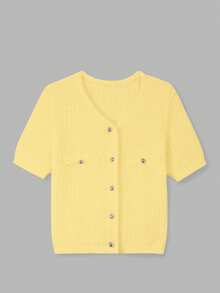 FOR BEAUTY 春夏新款纯色圆领金属纽扣针织开衫，简约别致的度假休闲风，轻盈透气的毕业季开衫，新年必备 - 深杏 - 查看 8