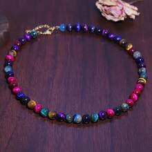 1pc Bohemian Style Multicolored Natural Tiger's Eye Round Bead Necklace - Perfect For Every Occasion Ideal For Fashion-Forward Women - Colorful Stone - View 7
