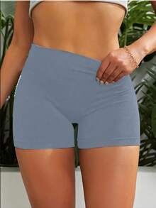 1pc Women Plus Size Solid Color Seamless High Waist Quick-Dry Shorts For Yoga, Running, Gym, Tummy Control, Butt Lifting - Blue - View 3