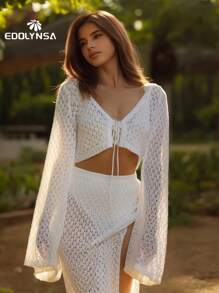 Sexy Knit White Cut Out 2 Pcs Set 2025 Women's Summer Bell Sleeve Lace-Up Loose Top Beach Vacation Half Skirt Two Pieces - White - View 6