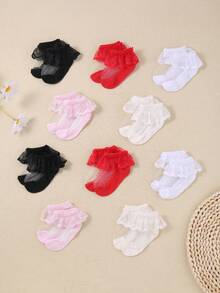 一套5双婴儿玻璃丝蕾丝袜。这些可爱的公主风格幼儿袜子，夏季穿着舒适透气，是女婴生日派对的时尚袜子。婴儿袜，新生儿袜，幼儿袜 - 彩色 - 查看 7