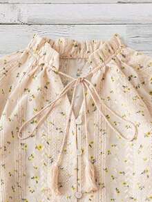 EARO Autumn New Women's Shirt, Floral Print V-Neck Design, Casual Loose Long Sleeve Blouse - 黃杏色 - 查看 4