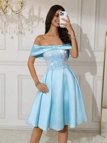Off Shoulder Bowknot Satin Short Dress Sequin Ball Gowns Evening Dresses A-Line Homecoming Dresses For Graduation, Party - Baby Blue - View 4